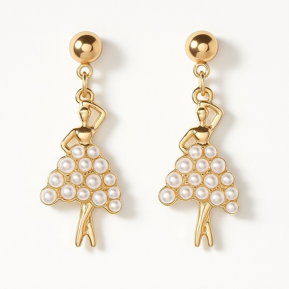 💖 🩰 Elegant Ballerina Gold and Pearl Stud Earrings ⚜️ - Picture 1 of 5